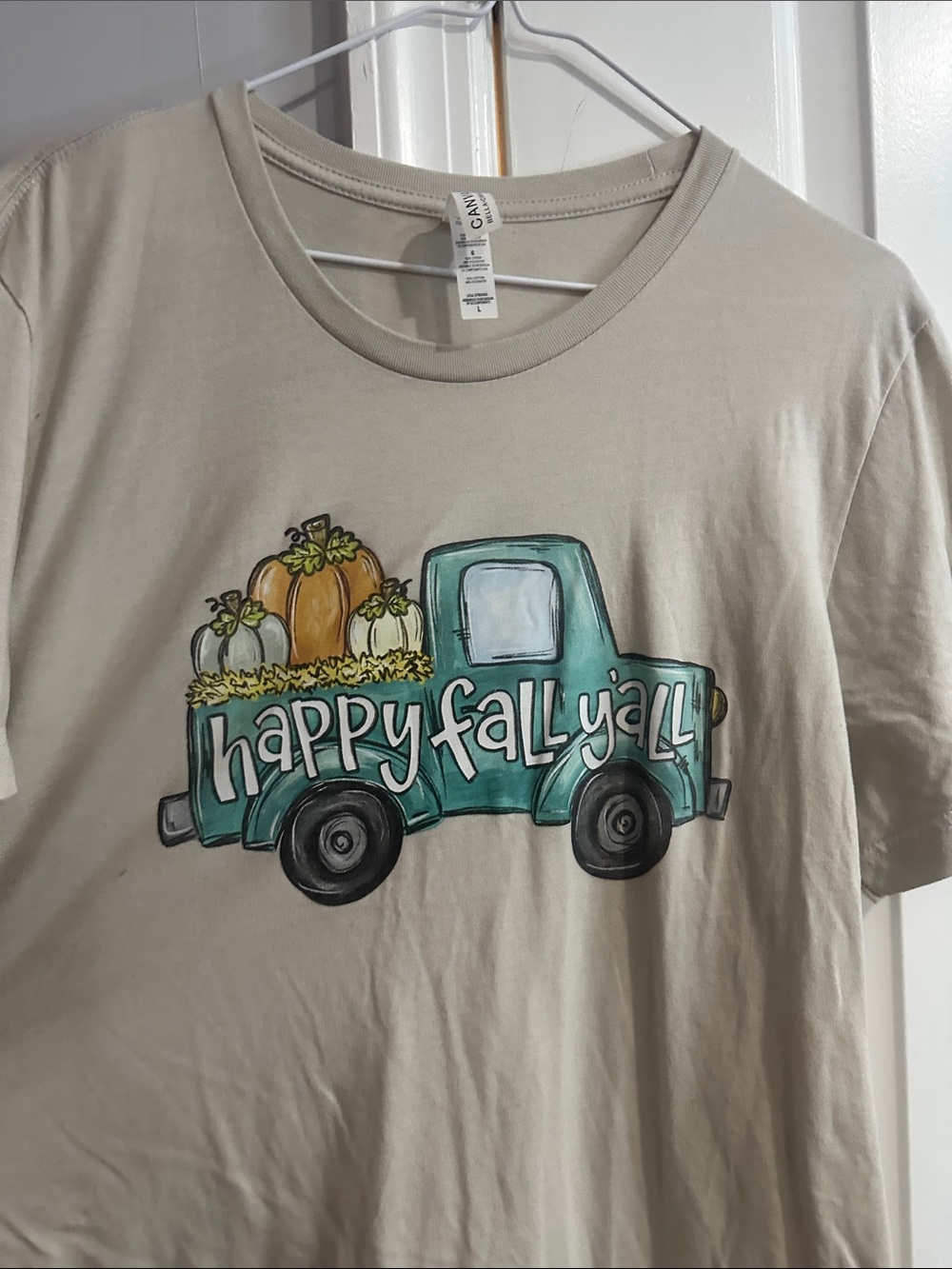 Bella Canvas Beige Tee with Teal Truck & Pumpkin Graphic